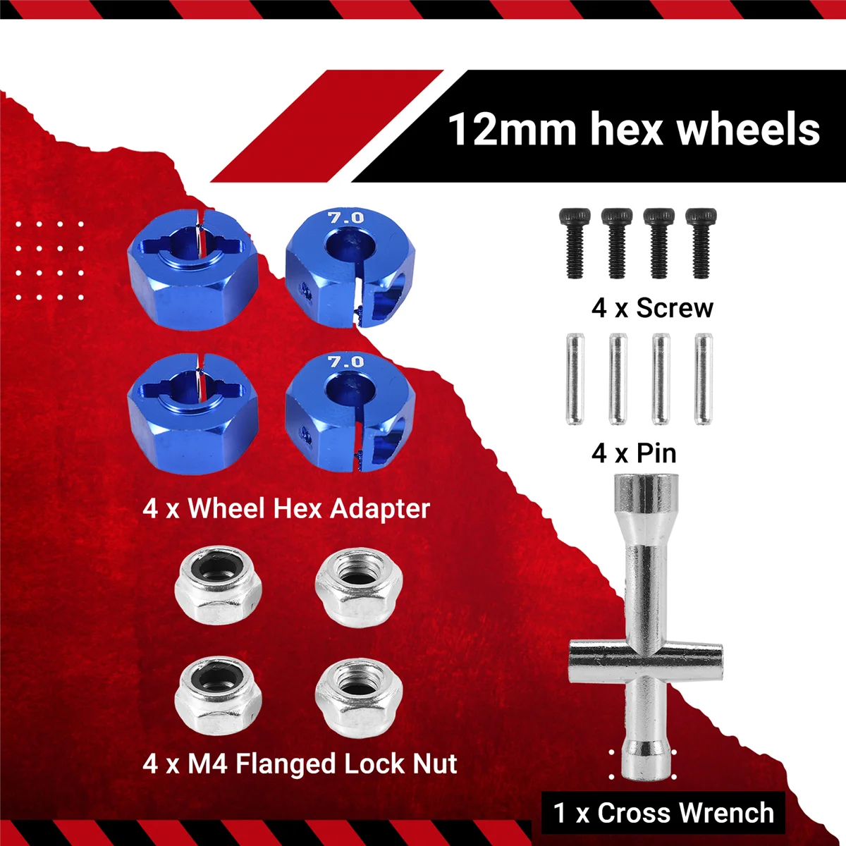 Metal 12mm Hex Wheel Hub Adapter M4 Flanged Lock Nut Cross Wrench for Traxxas 1/10 Slash 4X4 VXL 2WD Rustler RC Car