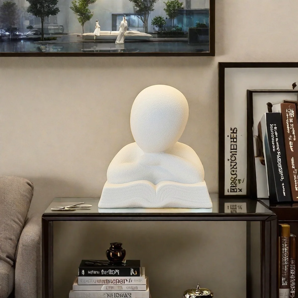 Zen Quiet Reading Abstract Figurine, Frosted White Sand Grain Resin Statue, Chinese Style Light Luxury Bookshelf Table Decor