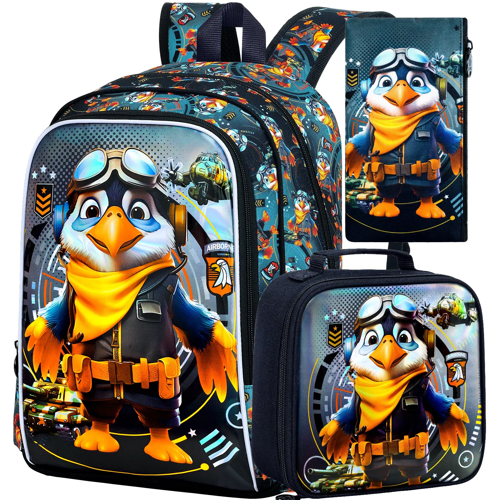 

3Pcs Boys Backpack, 16" Eagle Bookbag for Elementary Preschool Kindergarten, Kids School Backpacks with Lunch Box(Black)