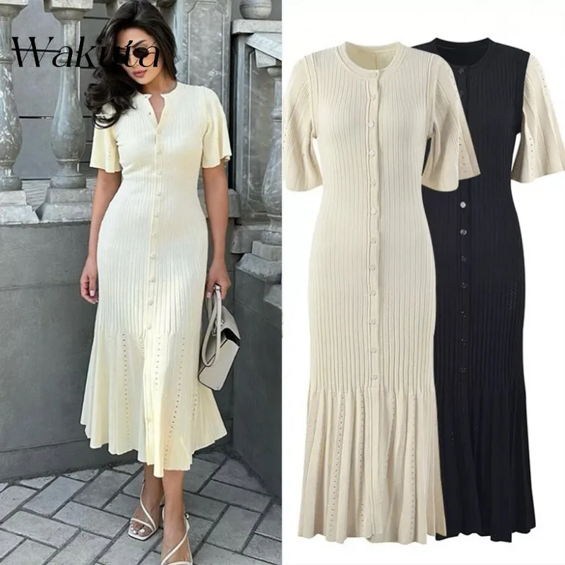 WAKUTA Vintage Fall Round Neck Short Sleeve Slim Dress Fashion Skinny Knit Robe Fishtail Gowns Летнее Платье Больших Размеров