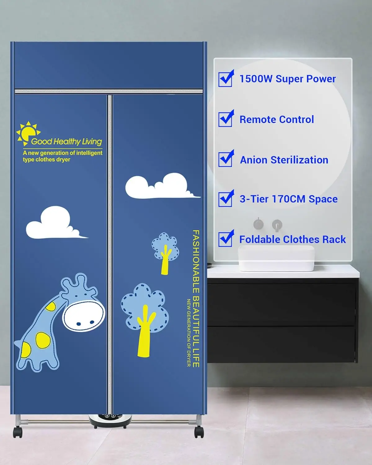 

New Portable Folding Electric Clothes Dryer Machine with Remote Control 1500W Waterproof Cloth Anion Clothes air Dryer