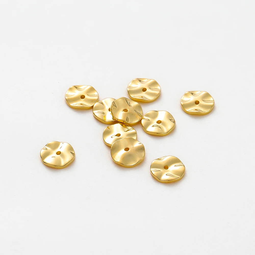 30pcs/lot 14K 18K Gold Plated 4 6 8mm Flat Round Metal Spacer Beads Wave Necklace Beads For Earing Bracelet Jewelry Components