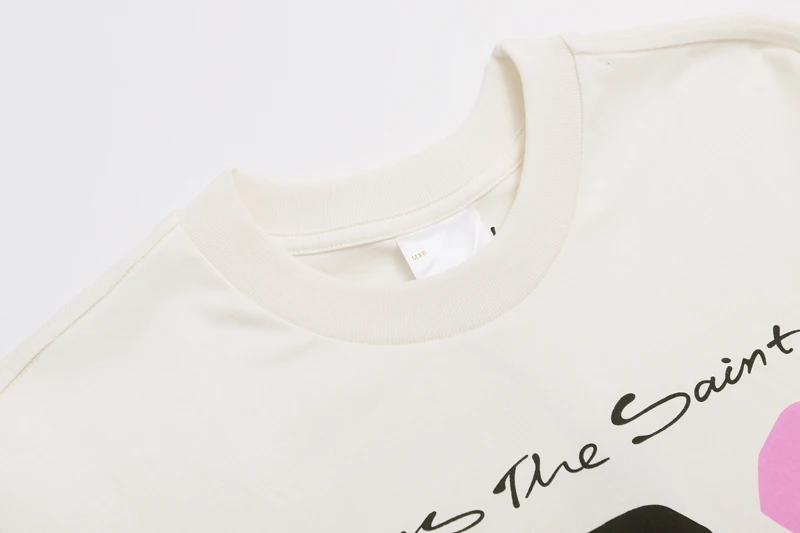 Pink Black Polka Dot Geometric Print Saint Long Sleeved T-shirt White Round Neck Top Men Women Casual Loose Streetwear
