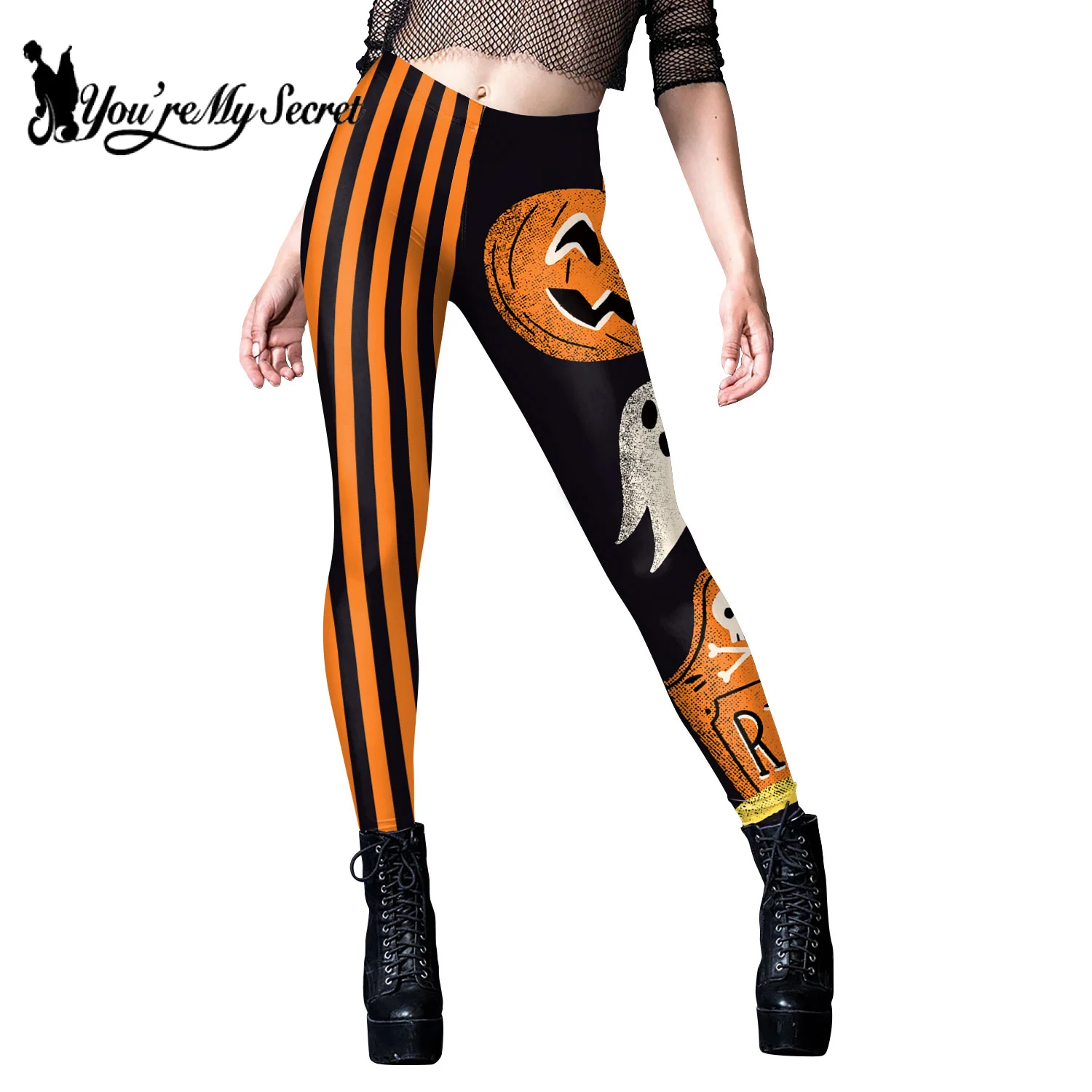 [You\'re My Secret] Halloween Pumpkin Skull 3D Print Pattern Sexy Stripe Workout Pants Leggings For Women Trouser Mid Waist Pant