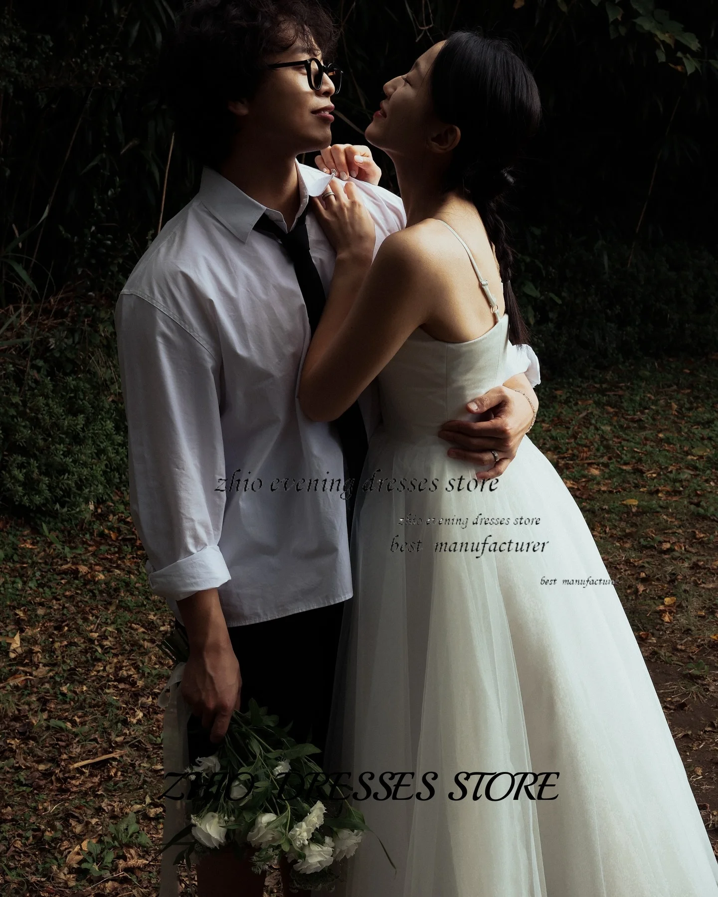 ZHIO السباغيتي حزام تول الكرة ثوب الزفاف فستان زفاف رومانسي للحديقة في الهواء الطلق تبادل لاطلاق النار الاتجاه الكوري للتخصيص  ওয়েডিংডেস