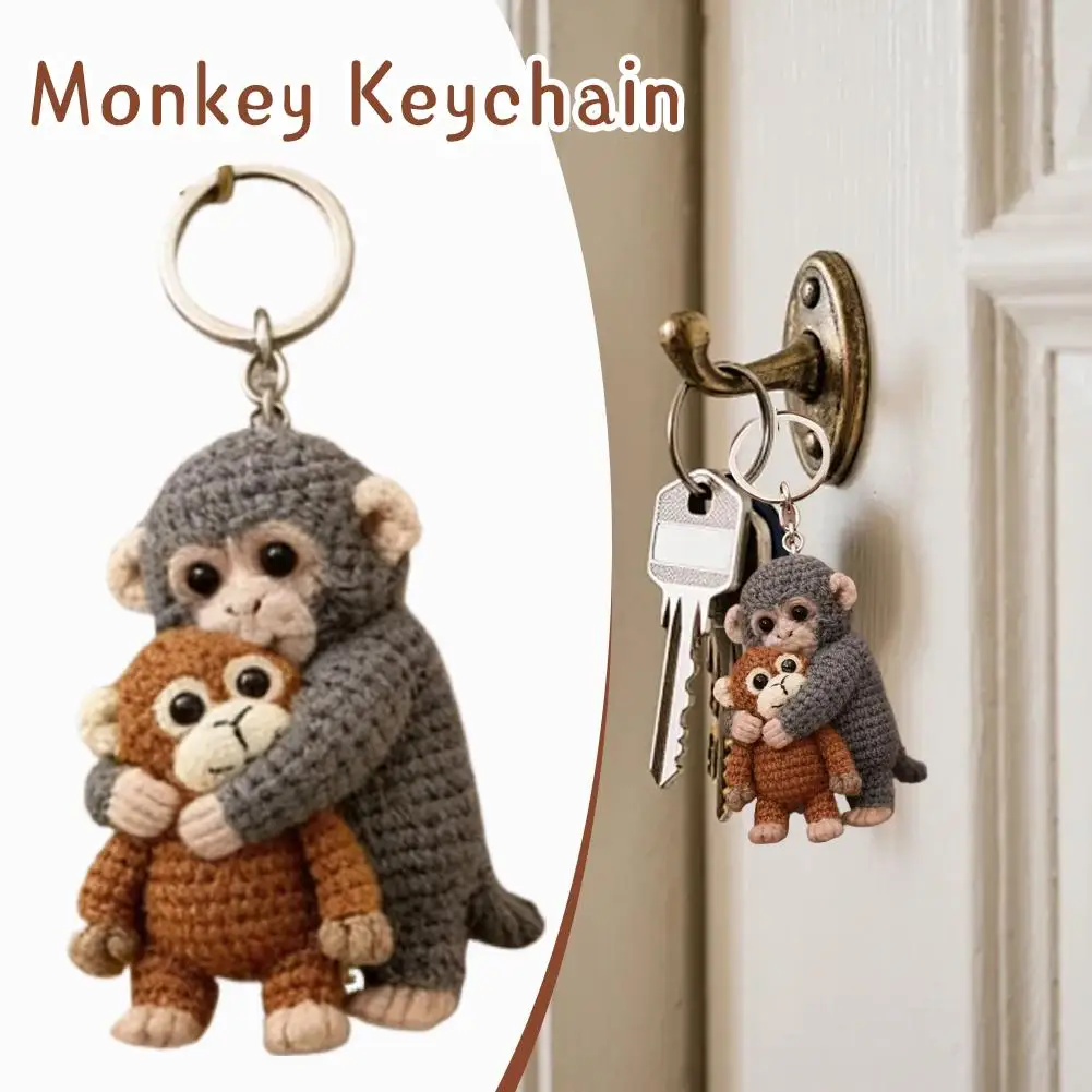 Handgefertigter Häkel-Affen-Schlüsselanhänger Mini-Taschenanhänger Weicher Garn-Plüsch-Affen-Rucksack-Schlüsselring Geschenk für Paare Kinder Erwachsene – Detail 3