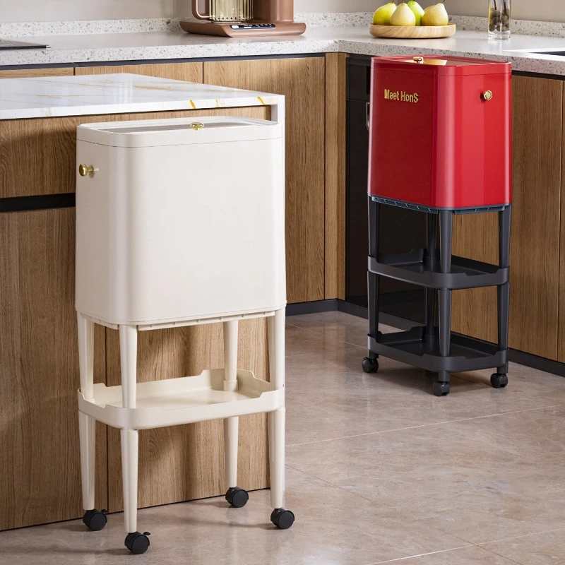 Tall Standing Trash Can Wheeled Large Capacity Push Slide Lid Kitchen Living Room Bedroom Luxury Kitchen Trash Can Dustbin
