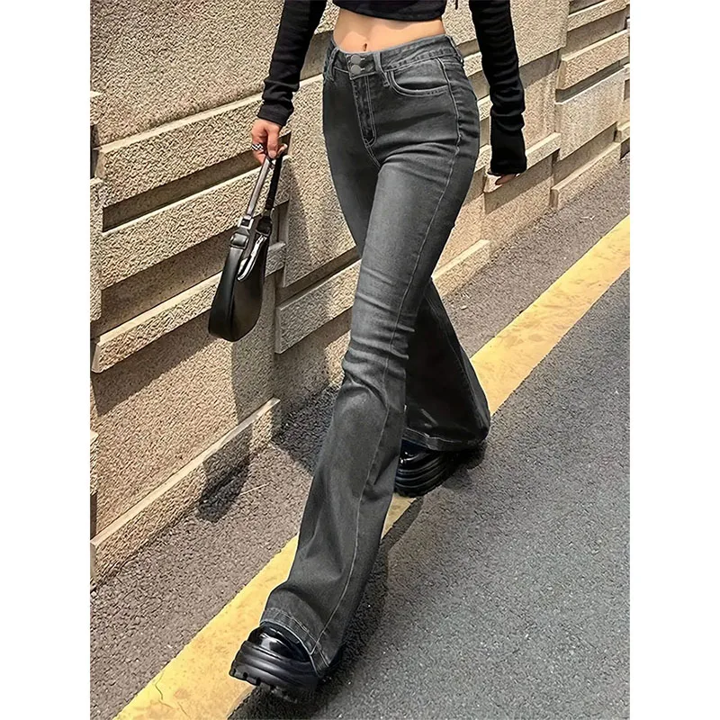 Women Fashion Streetwear Designer Classic Jeans Female High Waist Bell Bottom Trousers Female Aesthetic Gray Goth Flare Pants