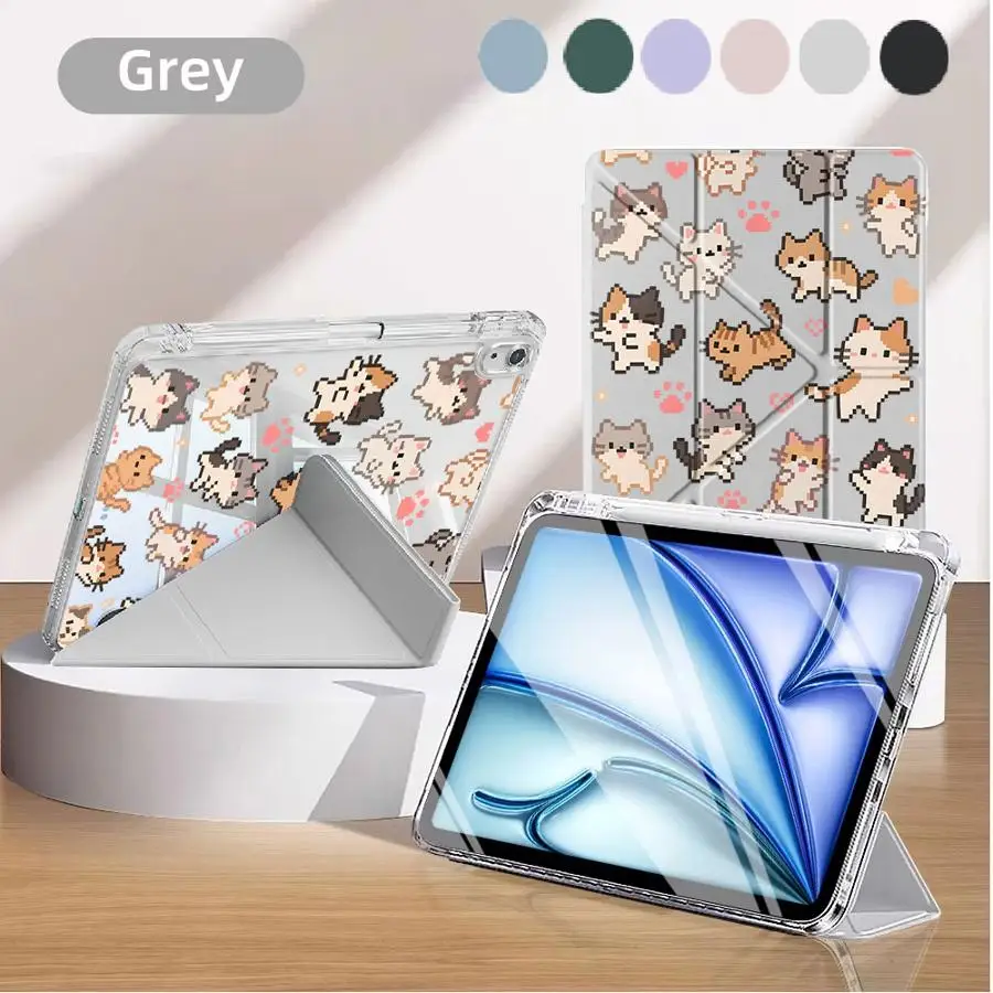 

Чехол-подставка для планшета с мультяшным котом для iPad Pro 2025 Air 4 5 M3 M2 M4 11 дюймов 11-го 10-го 9-го 8-го 7-го поколений 12.9 дюймов Mini 6 7 Y-Fold