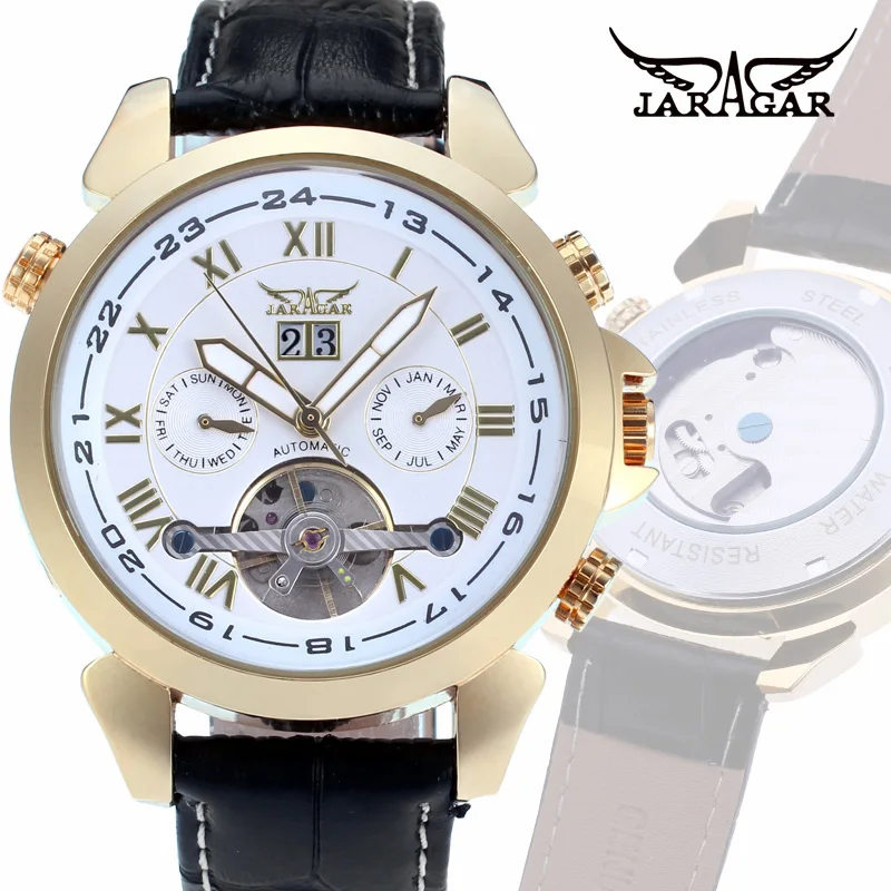 Fashiong Jaragar Top Brand Alloy Automatic Mechanical Casual Tourbillon Roman Scale Calendar Genuine Leather Belt Wrist Watches