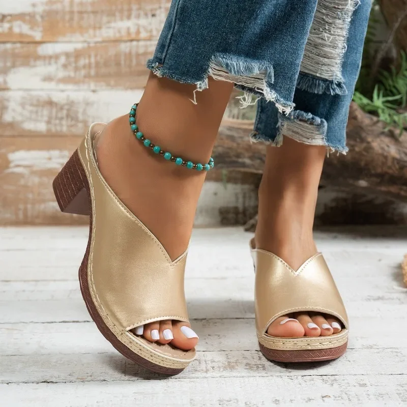 

Sexy V-neck High Heels for Women Thick Heels Fish Mouth Slip-on Sandals Summer Women Sandals Sandalias De Mujer Chaussures Femme