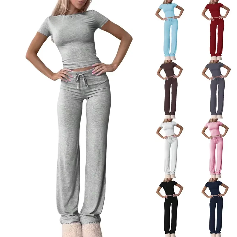 Women's European And American Casual Sports Suit Short Sleeved Top Long Pants Home Wear Comfortable Fashion Outfit