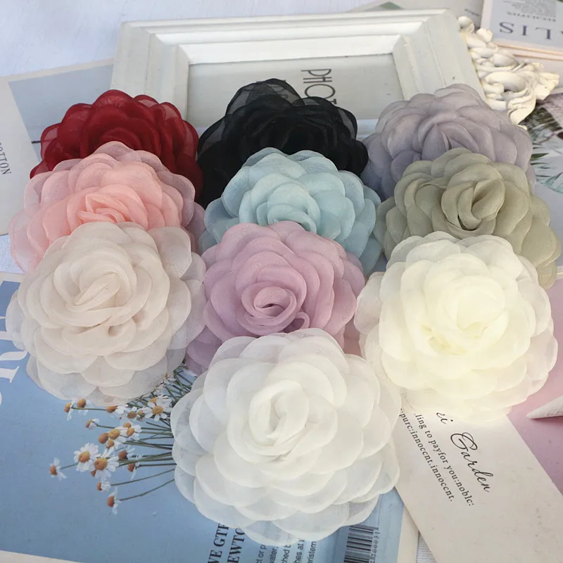 10PCS 8CM 3D Organza Chiffon Gauze Burnt Edge Fabric Artificial Rose Flower Wedding Dress Neck Decoration DIY Sewing Applique
