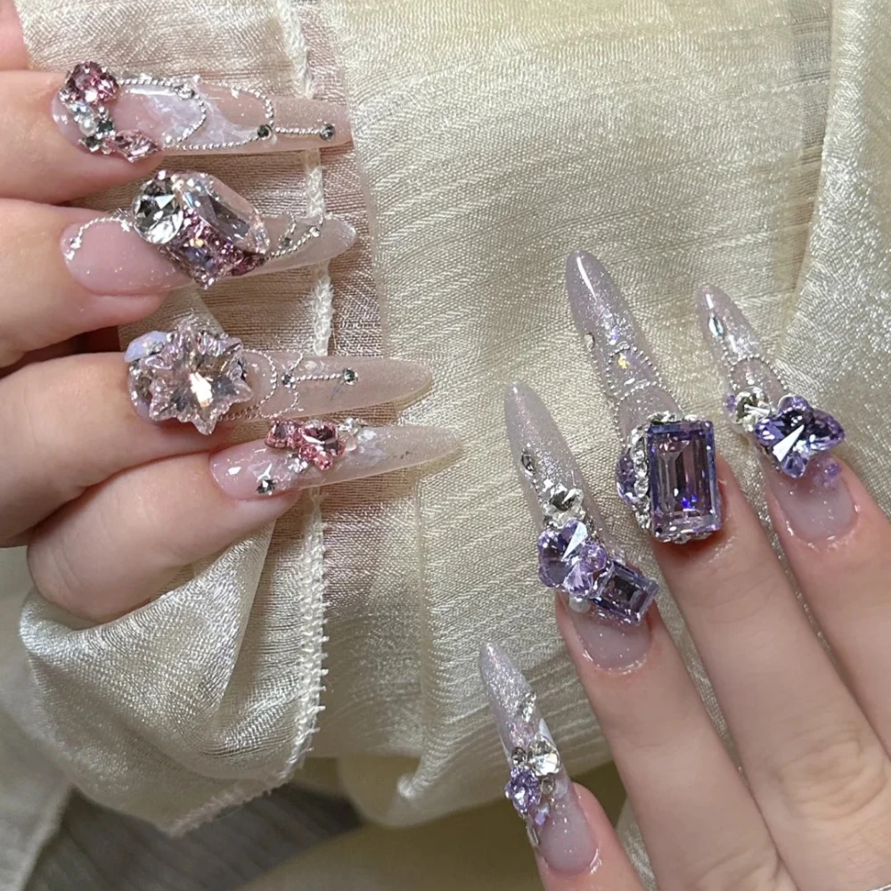 10Pcs Handmade Press On Nails Manicure Long Almond Fake Nails Christmas & New Year Limited 3D Luxury Diamonds Design with Set