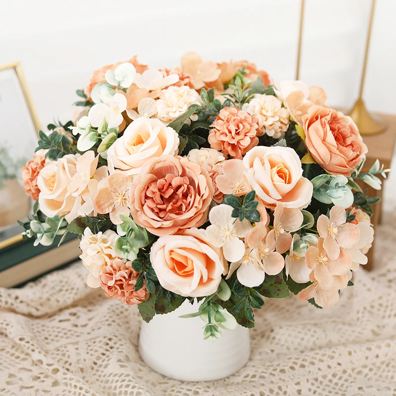 Artificial Silk Flowers High Quality Rose Bridal Bouquet Hydrangea Christmas For Home Party Wedding Vases Decoration Fake Plant