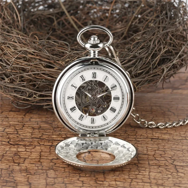 Silver Men's Pocket Watch Mechanical Hand Winding Watches Roman Numerals Display Half Hunter Skeleton Clock Pendant Chain Gift