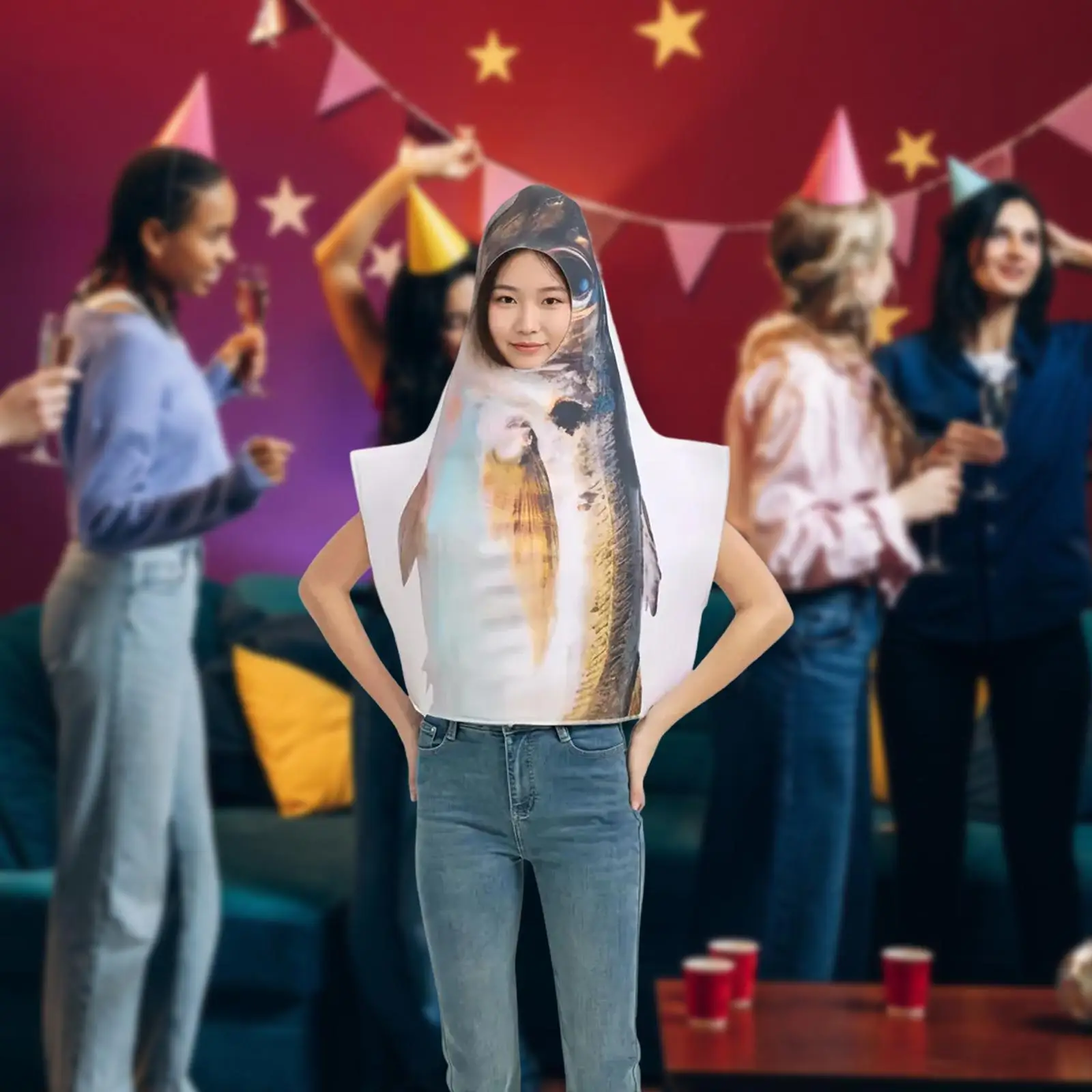 

Role Play Fish Shape Hooded Vest Women Funny Costume for Show Stage Carnival Party Event