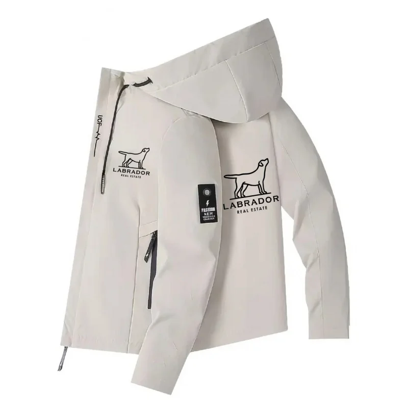 Men's Labrador Print Hooded Jacket with Zippered Pockets, Durable for All Seasons, Outdoor Streetwear, Fashionable Trendy Style.