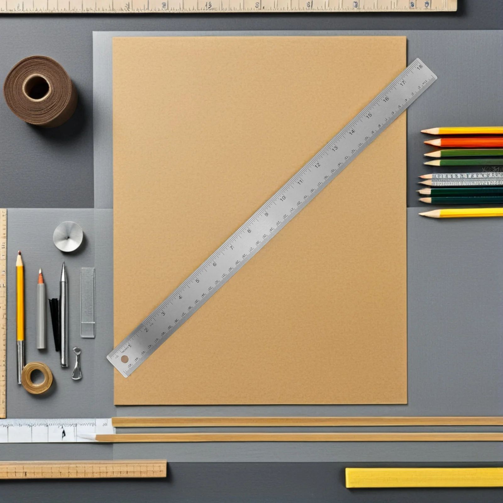 2Pcs Metal Ruler with Cork Backing 18 Inch Stainless Steel Non Slip Straight Edge for Students Engineers Drawing Ruler