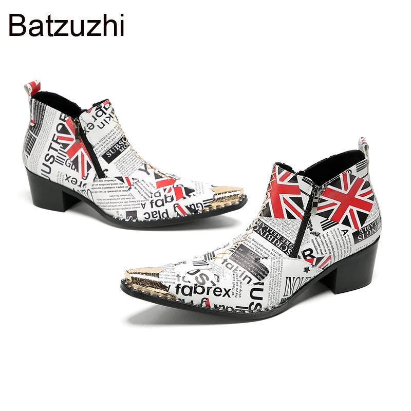 Batzuzhi Botas de diseñador para hombre, zapatos con punta de hierro, botines de cuero para hombre, tacones altos de 6,5 cm, botas de moda para fiesta y boda