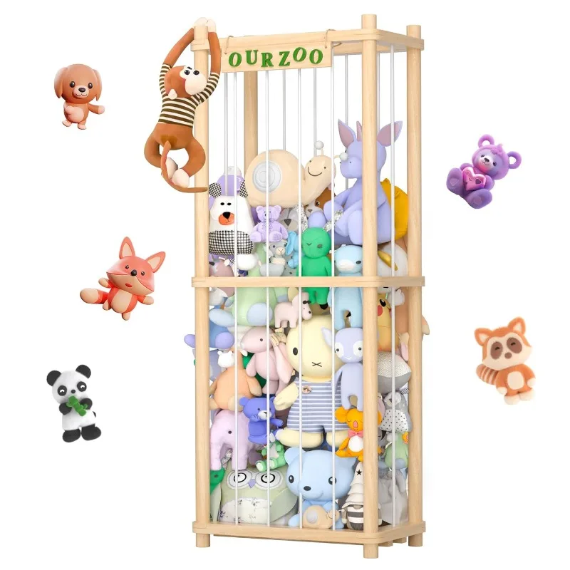 

Animal Storage Wood Soft Toy Shelf Nursery Room Organizer Zoo Cage for Stuffed Animals with Zoo Pattern Gift for Nursery