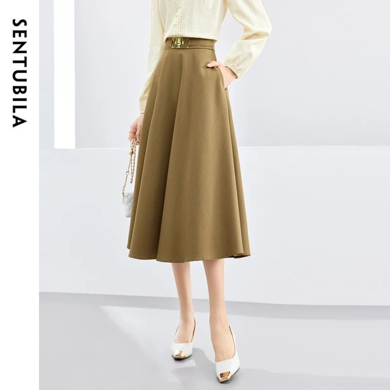 SENTUBILA A-line Black Skirt for Women 2024 Autumn Metal Decoration High Waist Classic Office Lady Long Skirts 141Q51776