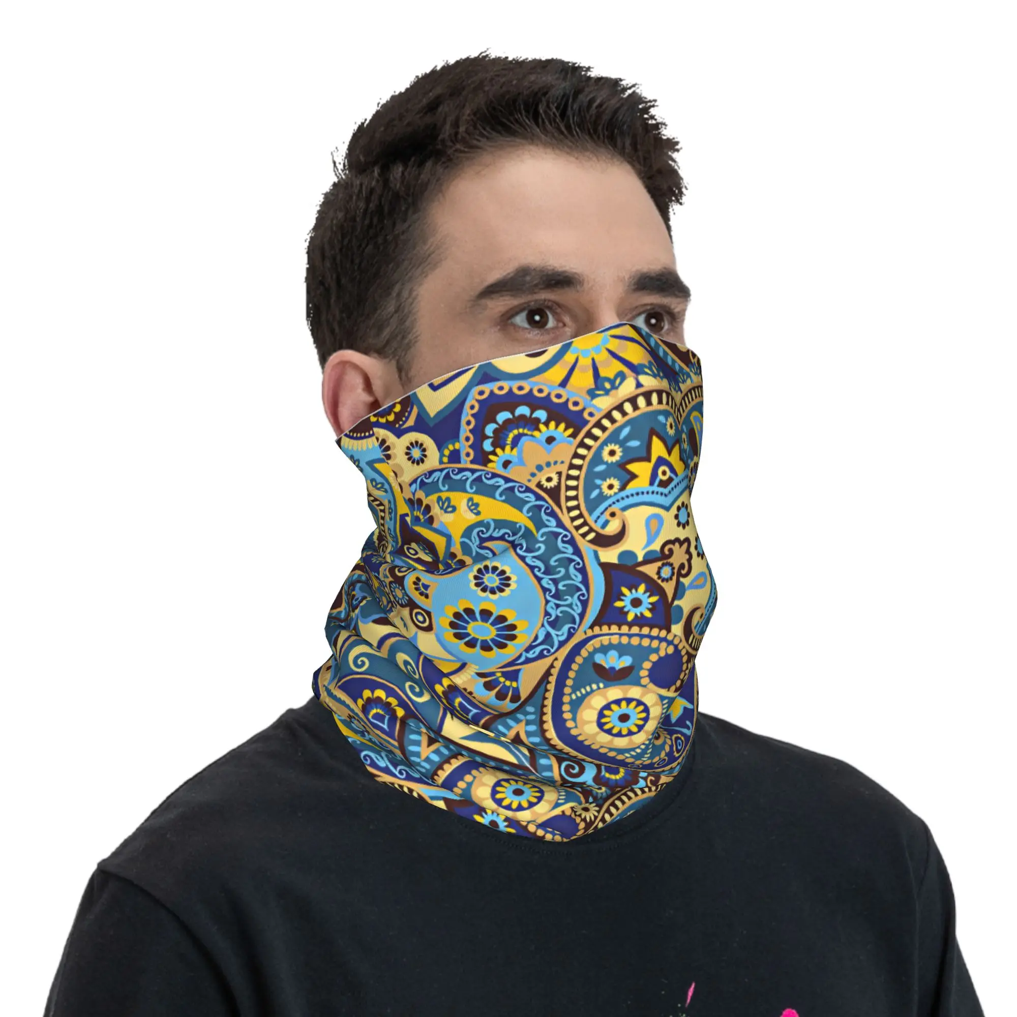 Blue Yellow Ethnic Paisley Floral Bandana Neck Gaiter Printed  Magic Scarf Warm Cycling Scarf Riding Unisex Adult Washable view 2