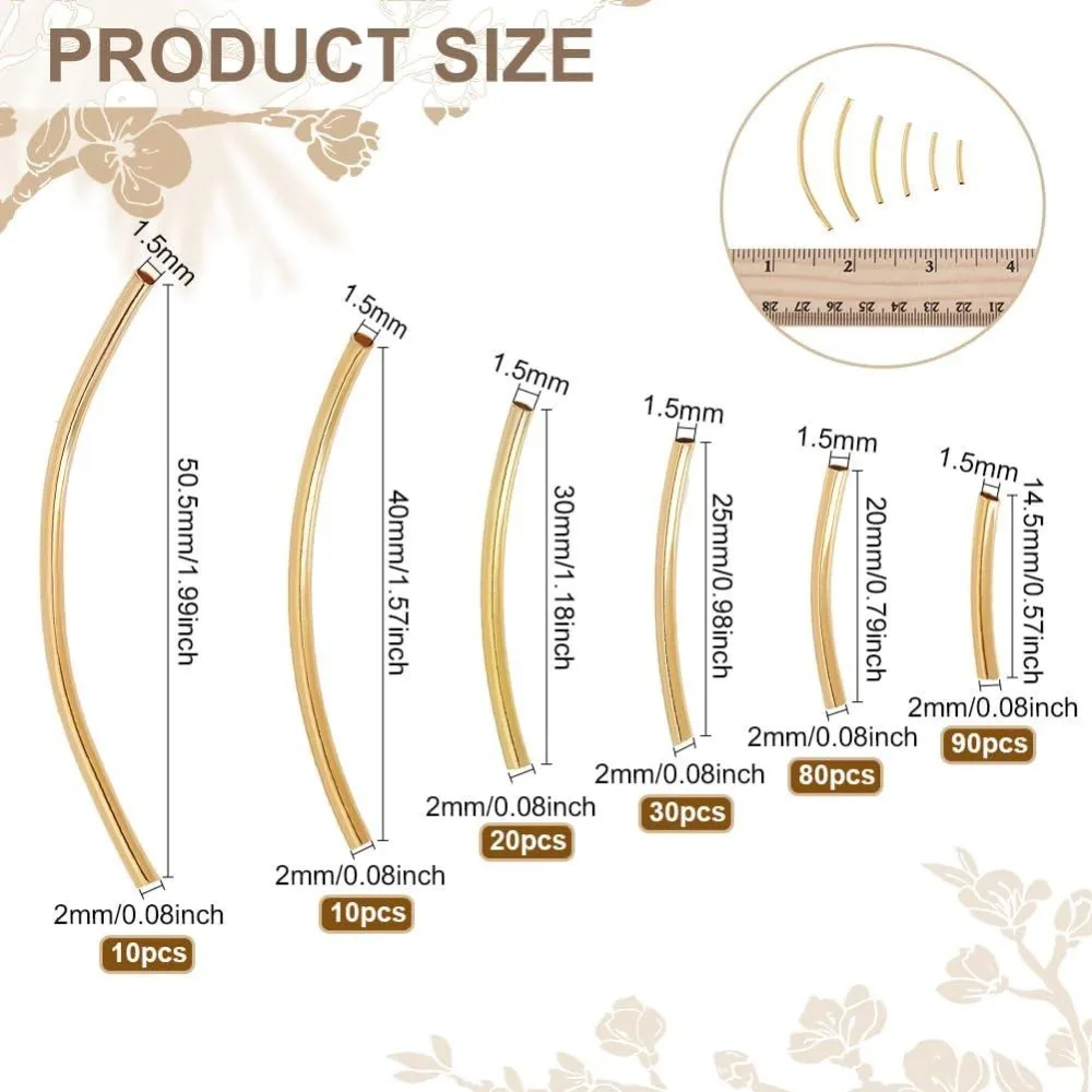 240pcs 6 Sizes Curved Tube Beads Noodle Beads Long Curved Bead Golden Barrel Bead Brass Tube Spacers 15/20/25/30/40/50mm