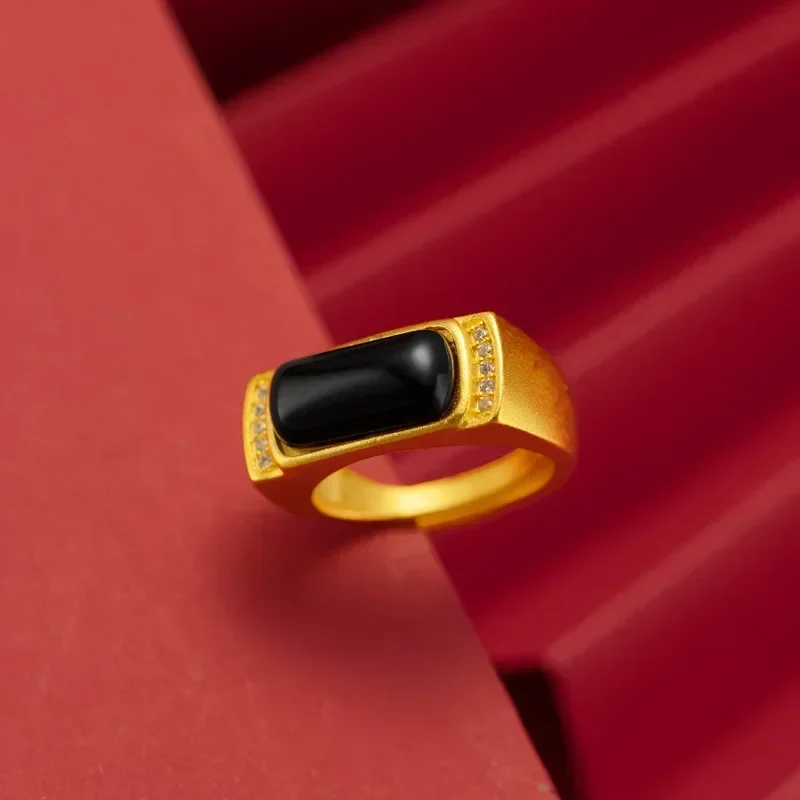 

9999 Real Gold 24K Men's Micro-inlaid Agate Ring Pure Gold Live Retro Ethnic Style