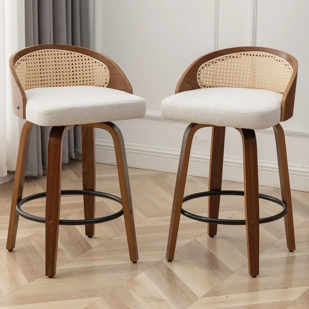 

26" Swivel Rattan Bar Stools Set of 2,Mid-Century Modern Beige Linen Fabric Upholstered Counter Height Stools,Kitchen Island