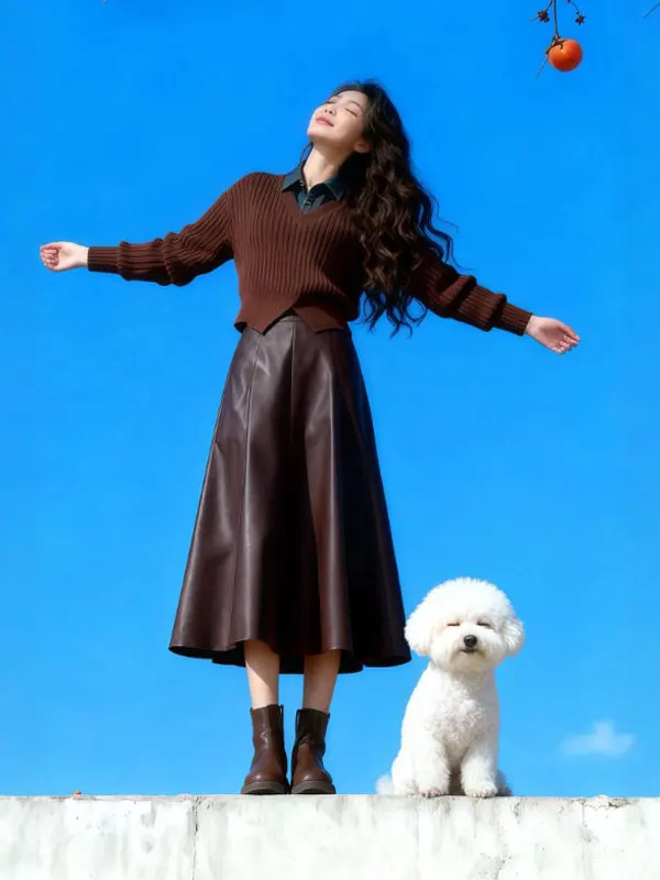 

Retro High-End Feel Good Looking Fake Two-Piece Top f-Skirt Set Ele Whole Outfit Winter Faion Women's Ensemble