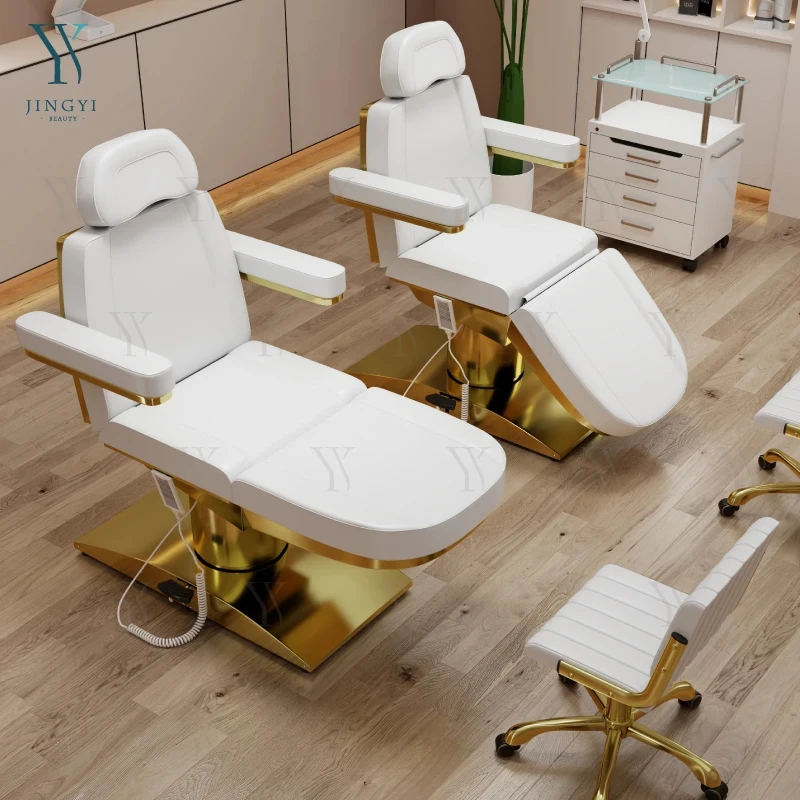 Hot Selling Gold Base 3 Motors Massage Bed Recliner White Salon Beauty Lash Bed Nail Salon