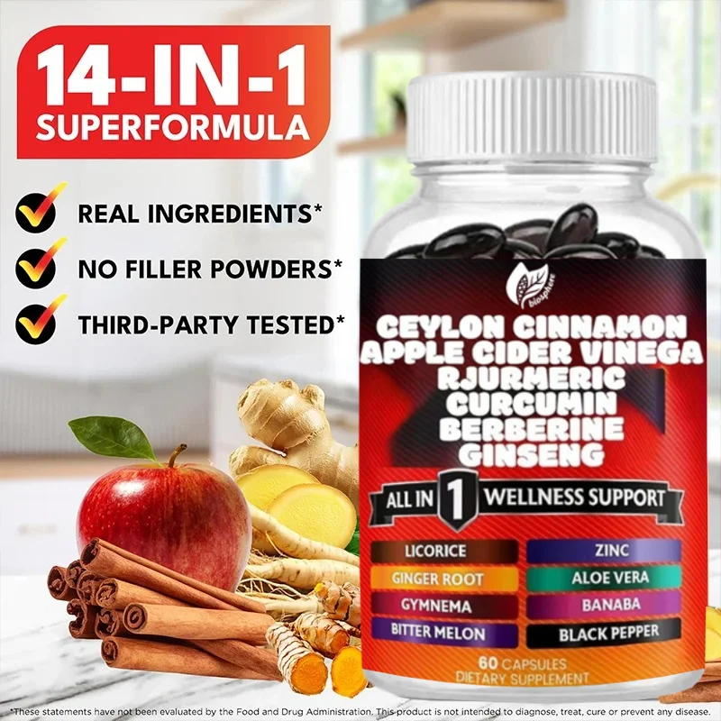 Ceylon Cinnamon, Turmeric, Apple Cider Vinegar, Ginseng, Aloe Vera, Berberine with Banana, Ginger Root -60 Capsules