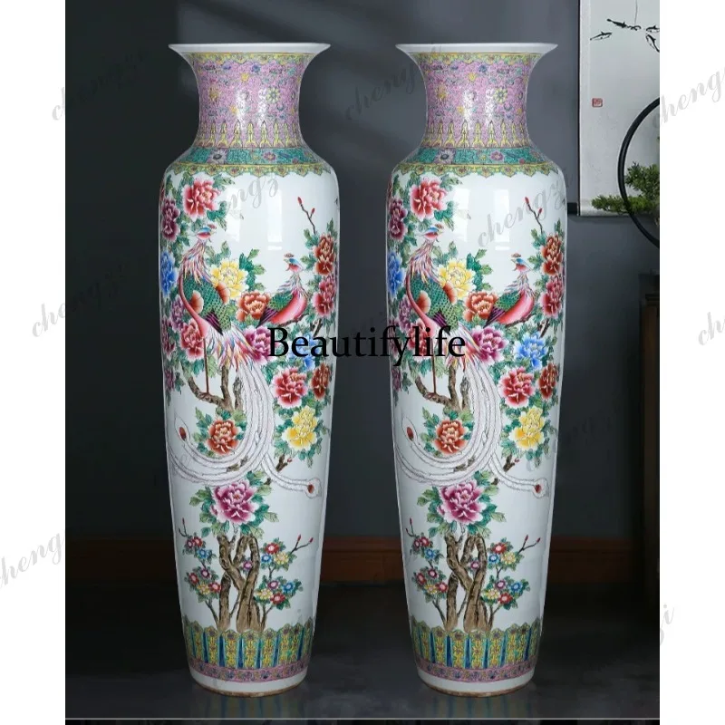 Jingdezhen ceramic hand-painted pastel porcelain floor-to-ceiling large vase living room hotel villa ornament large
