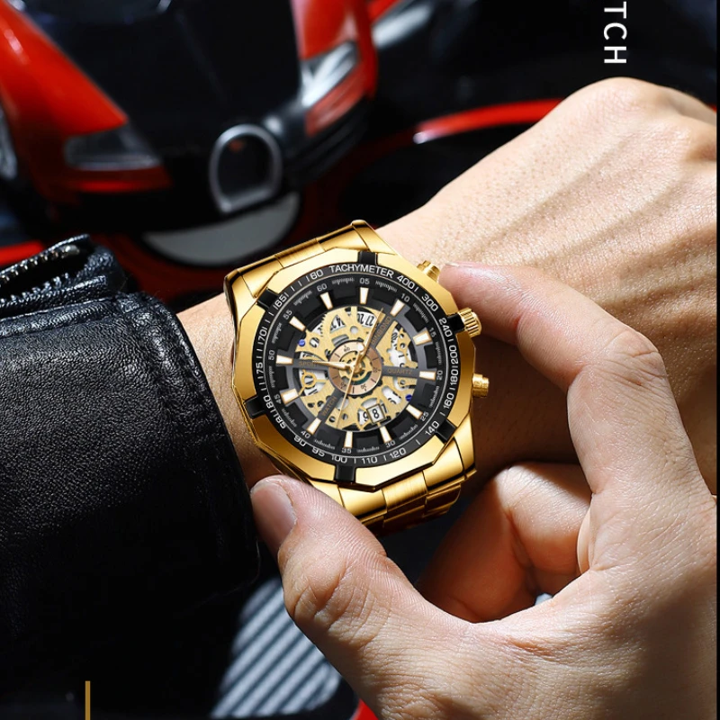 남성용 기어 다이얼 패션 시계, 스테인리스 스틸 캘린더, 탑 브랜드 럭셔리 스포츠 할로우 쿼츠 시계, Relogio Masculino + 박스, 2023 신제품