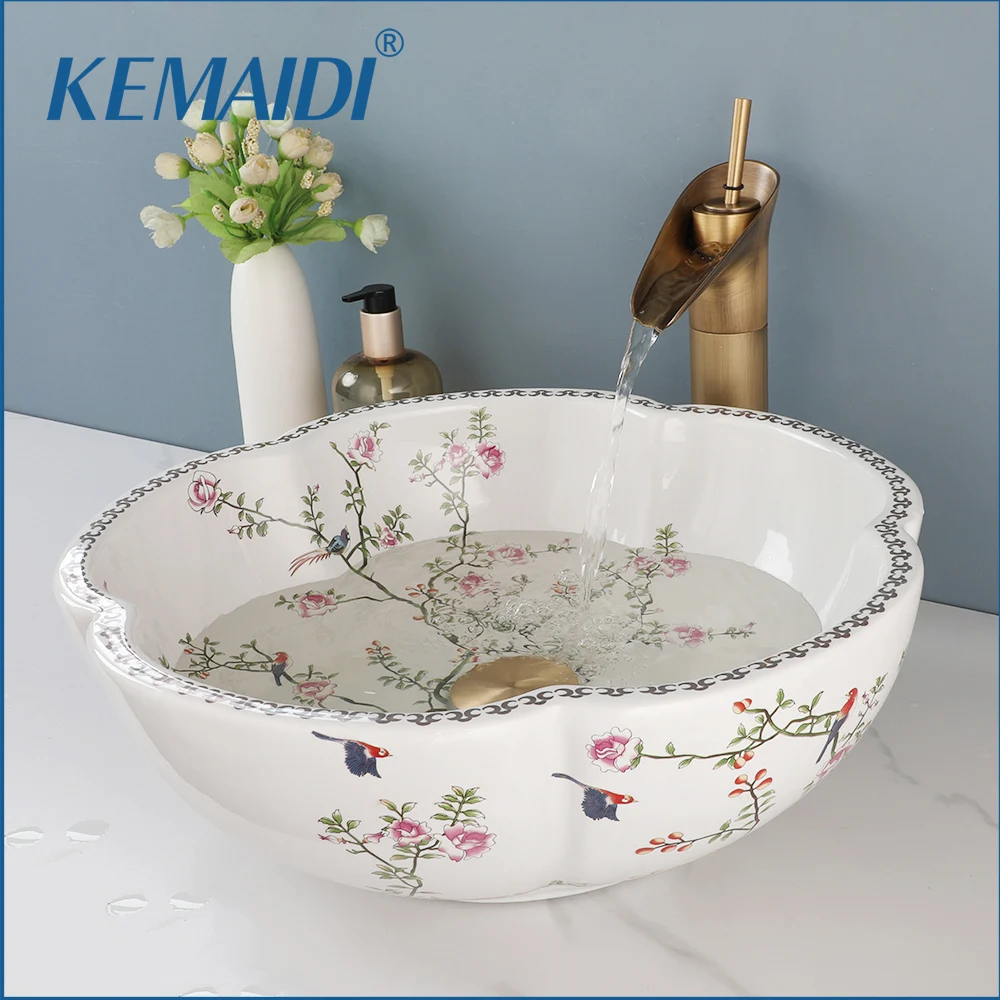 

KEMAIDI Ceramic Bathroom Vessel Sink Faucet Combo White Bowl Art Above Counter Vanity Wash Basin with Flower Bird Pattern