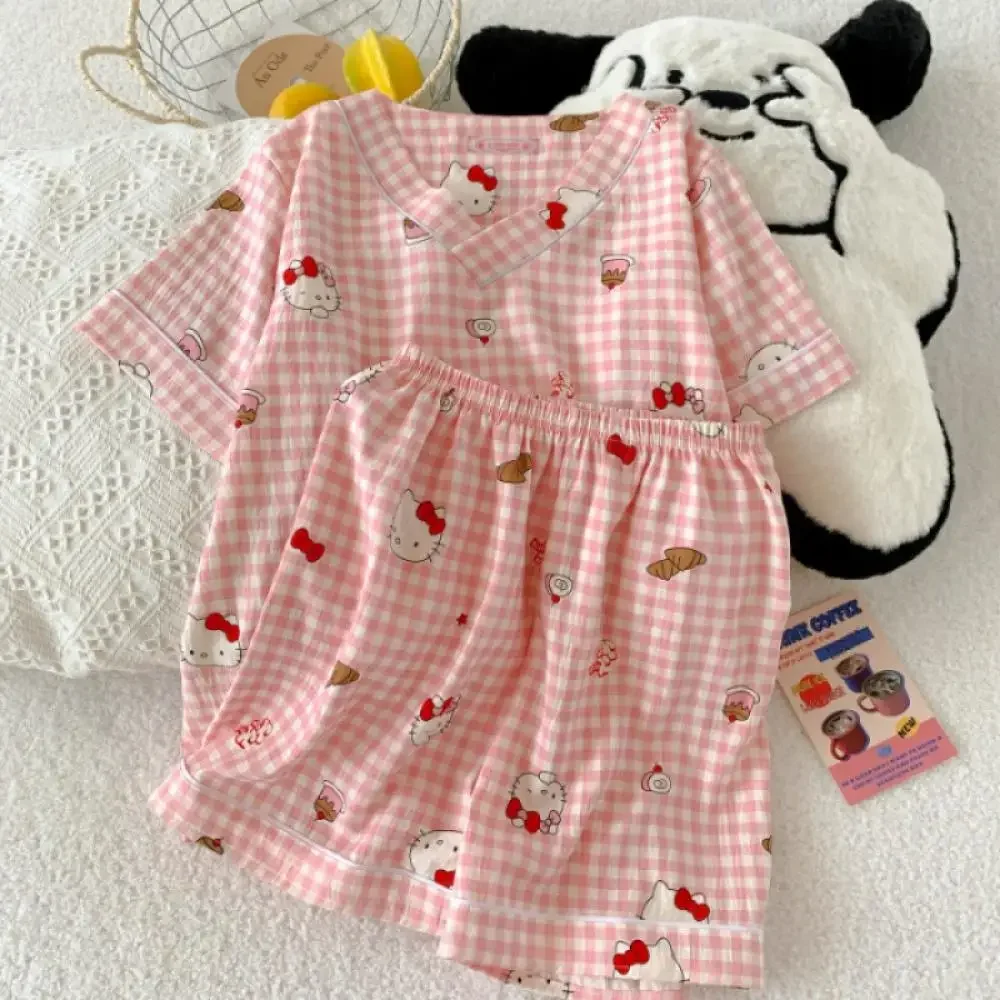 2 قطعة بدلة بيجامة النساء سانريو أنيمي مرحبا كيتي قصيرة الأكمام السراويل الصيف Kawaii القطن ملابس المنزل الفتيات طالب المتسكعون