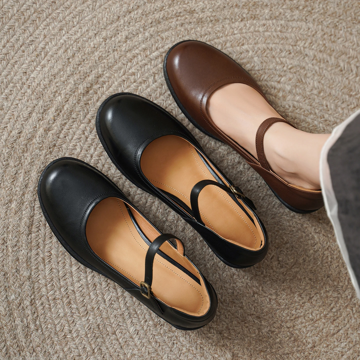2026 new spring autumn women pumps natural leather 22-25cm cowhide+pigskin round toe buckle mary janes women shoes fashion
