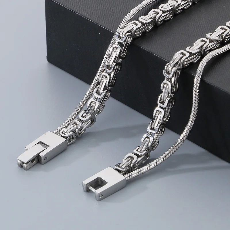 Creative Double Link Square Charm Pendant Necklace For Men Women Hip Hop Stainless Steel Byzantine Chain Accessories Trend Gift