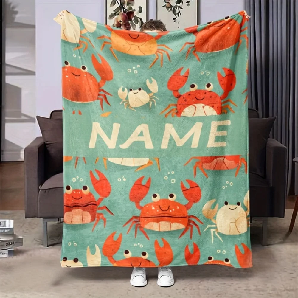 1 Stück personalisierte Flanell-Überwurfdecke mit individuellem Namen, Cartoon-Krabbenmuster, niedliches Thema, weich, für alle Jahreszeiten, ideal für Zuhause, Couch, Bett