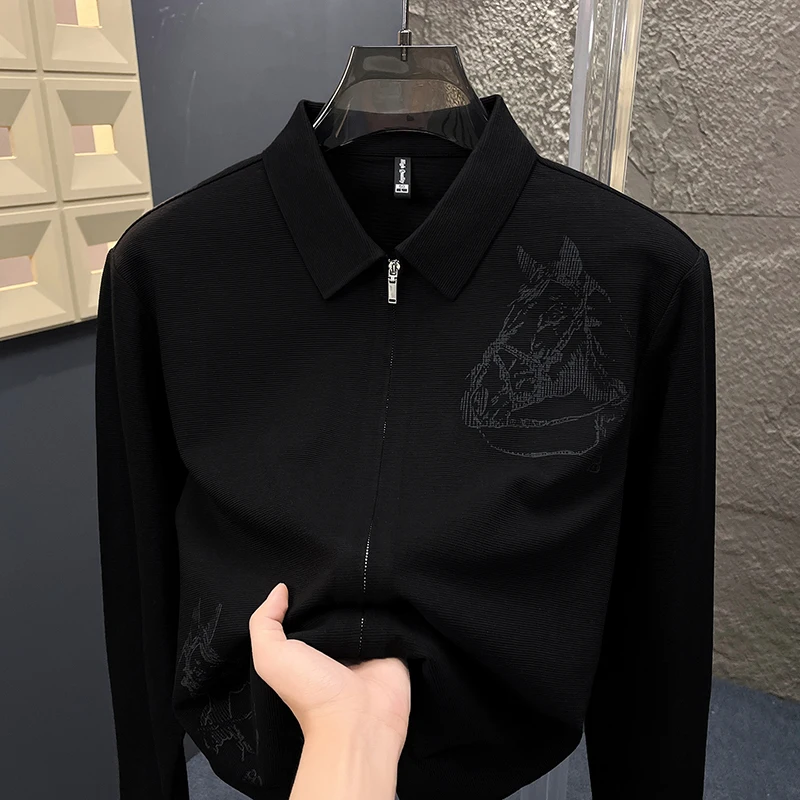 قميص رجالي أصلي بأكمام طويلة وسحاب وياقة مقلوبة وطباعة بسيطة وخفيفة الوزن كاجوال للربيع والخريف للرجال #4