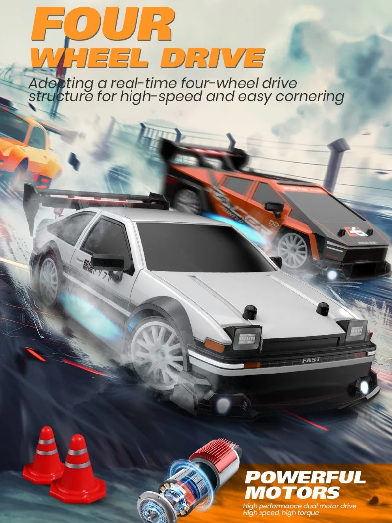 Rc Drift Car 1:24 20km/h 4WD High Speed Remote Control Car Rubber & Drift Two Types of Tires Simulated Racing Cars for Children