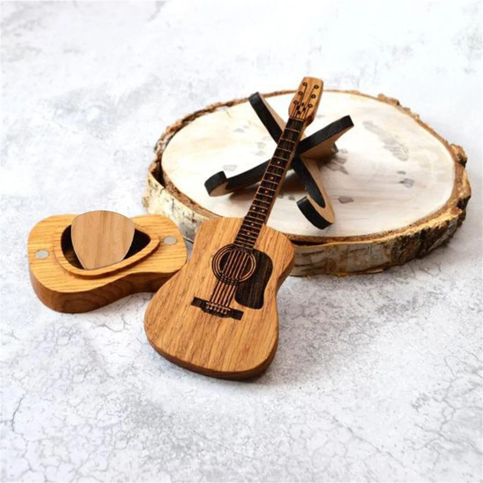 Caja de púas de guitarra acústica de madera con soporte y 3 uds. De púas grabadas, soporte para púas de guitarra, estuche Retro, estuche de púas de regalo para música