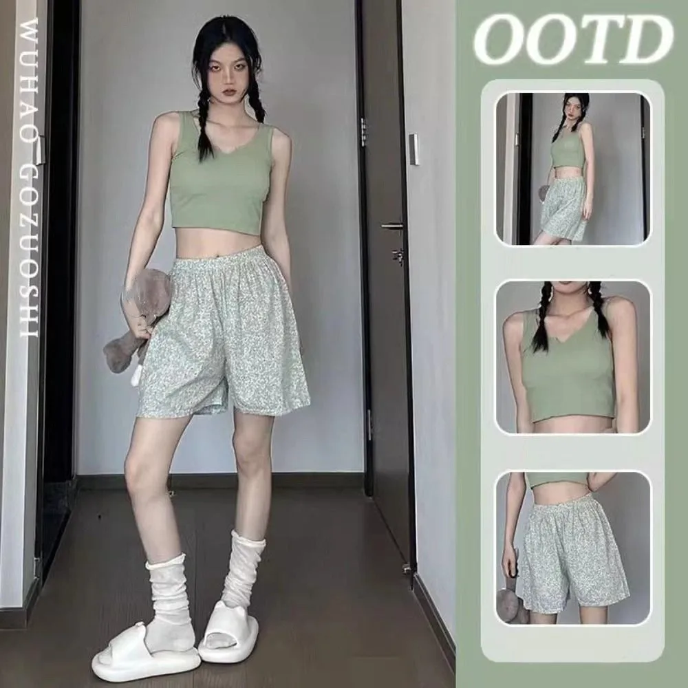 

Korean Style Plaid Floral Striped Pajamas Sleeveless V-neck Shorts Camisole Suit Sweet Home Clothes Flower Pajama Sets Female