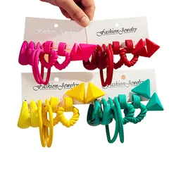 New 4pairs Colorful Heart Circle Acrylic Earring Hoops for Women Korean Trend Geometric Stud Earrings Fashion Jewelry Set Gifts