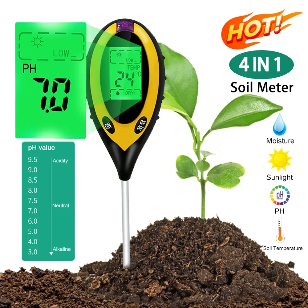 Professional Soil PH Meter 4 In1 LCD Temperature Solar Moisture PH Garden Soil Tester LCD Display Gardening Tool for Plant Care