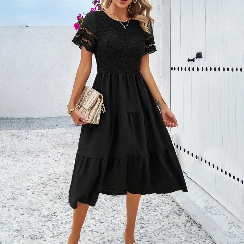 

New Arrivals Exquisite Design Spring Summer Women's Clothing Solid Color Temperament Crew Neck Short Sleeve Hollow Dress