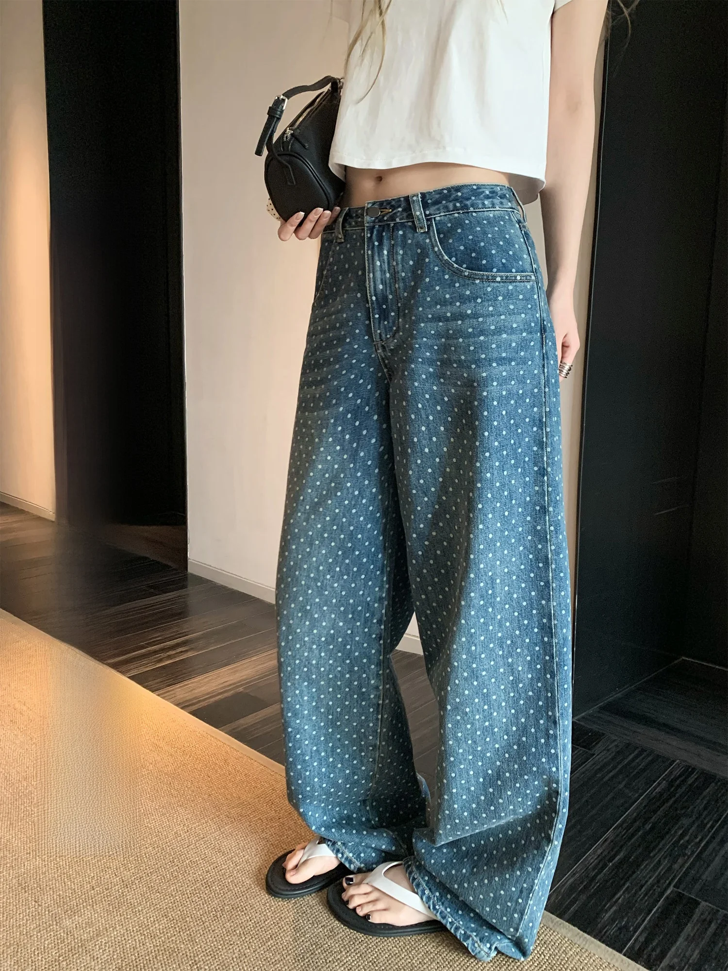 

Blue Polka Dot Denim Pants Women's Wide Leg Straight Cut Trousers Vintage Design Casual Summer Jeans Ladies Fashion