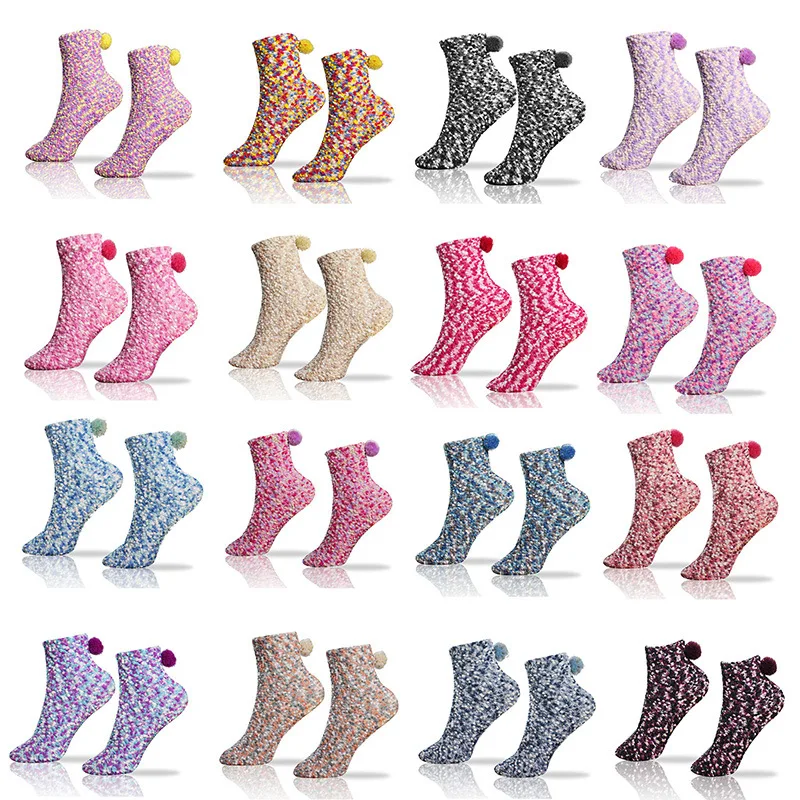 Candy Colors Winter Warm Fluffy Socks para mulheres, casual, casa, chão, dormindo, grossa, difusa, coral, veludo, bolo, presente