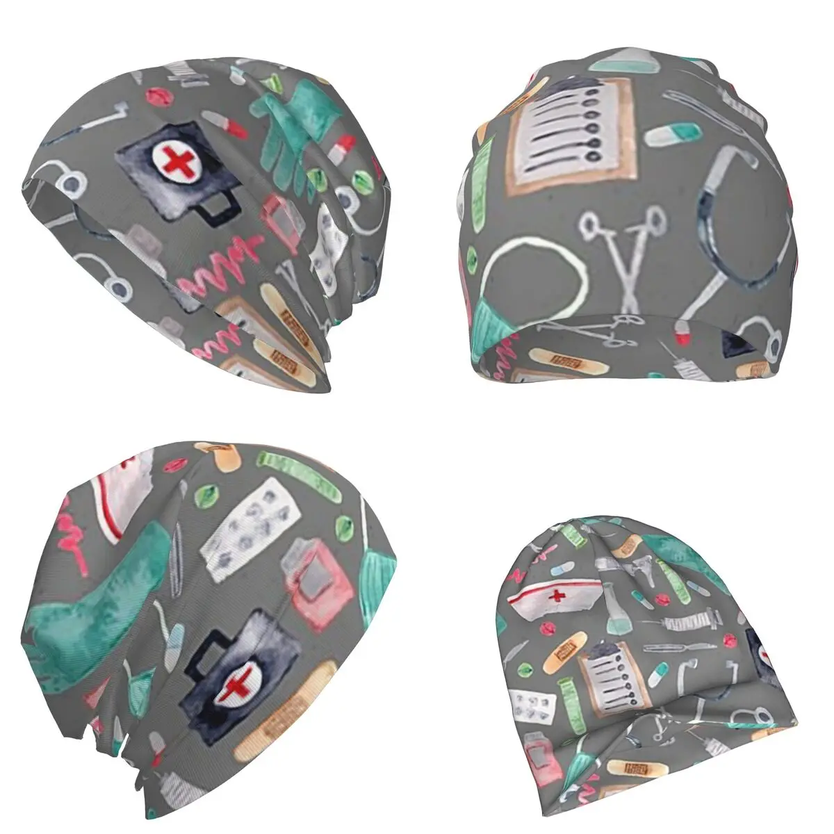 Медицинский узор Доктор Медсестра Акварель Серая текстура Теплая вязаная шапка Модная шапка-капот Осенние уличные шапочки Шапки для взрослых